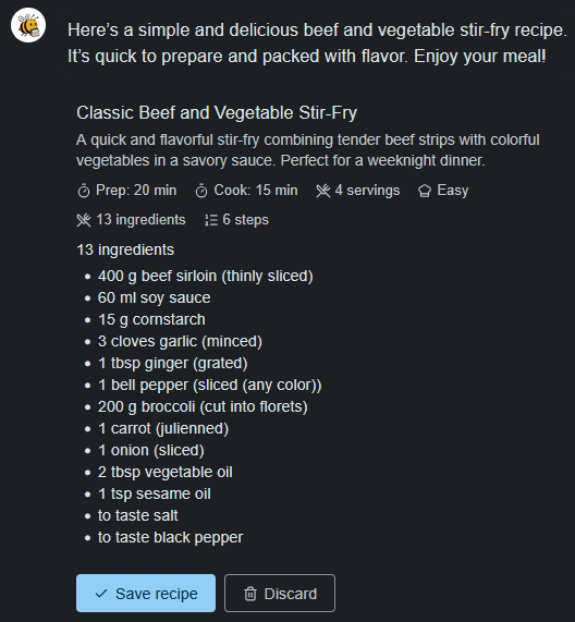 Creating a recipe in chat