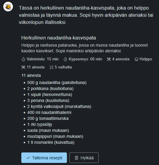 Reseptin luonti chatissa
