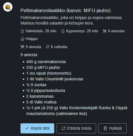 Aterian suunnittelu chatissa