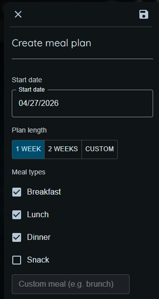 Meal Plan Setup